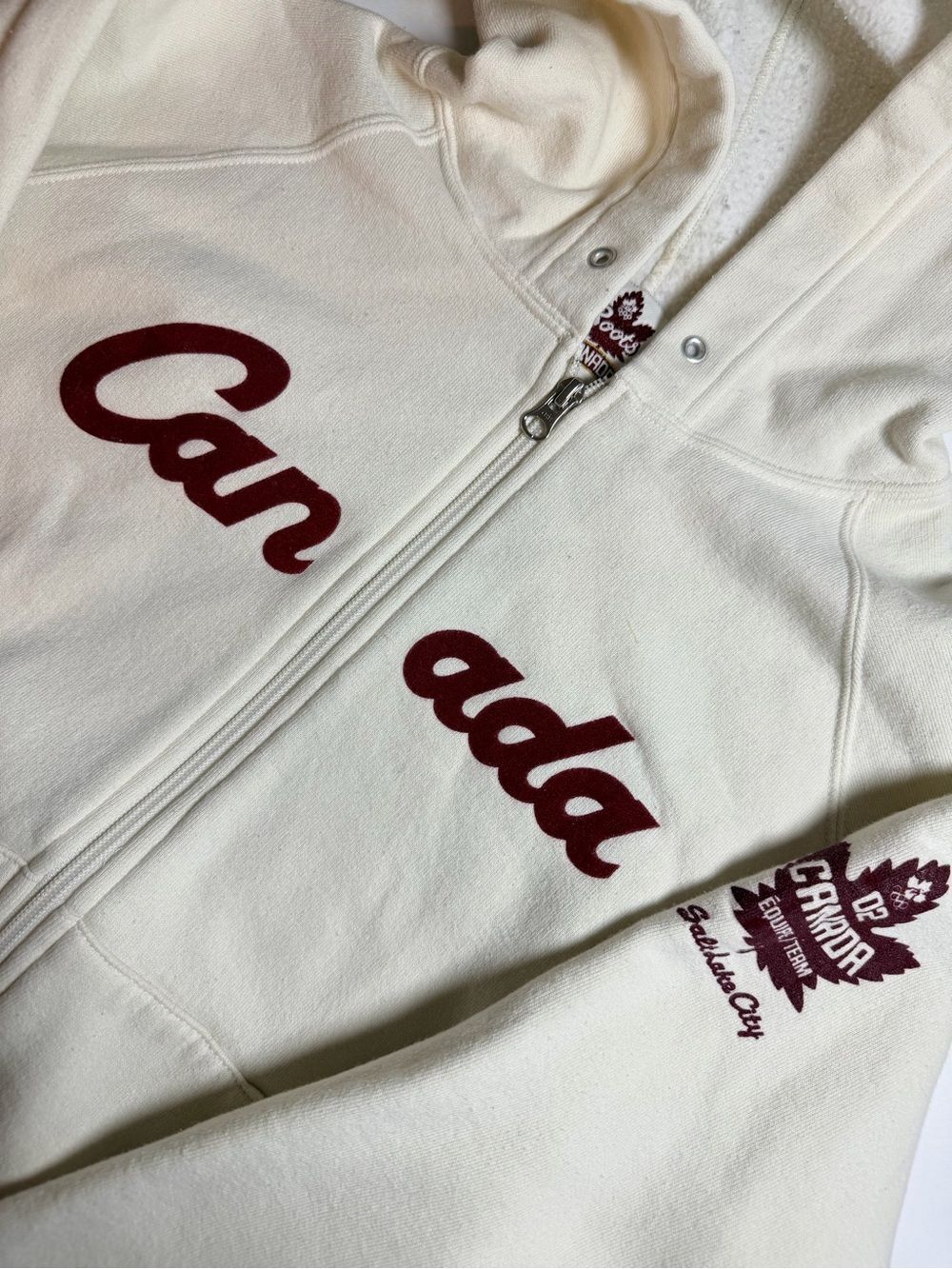 VTG 2002 Roots Canada Salt Lake City Olympics Full Zip Hoodie Womens XL Cream
